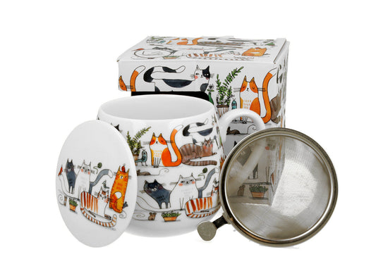 DUO ART GALLERY Fassbecher 430 ml CAT'S WORLD – LAZY CATS mit Teesieb, New Bone China Porzellan