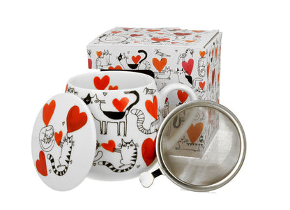 DUO ANIMALS Fassbecher 430 ml CAT’S WORLD – HEARTS mit Teesieb, New Bone China Porzellan
