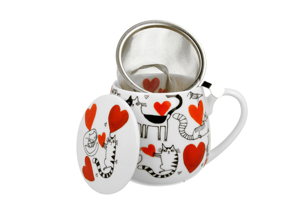 DUO ANIMALS Fassbecher 430 ml CAT’S WORLD – HEARTS mit Teesieb, New Bone China Porzellan – Bild 3