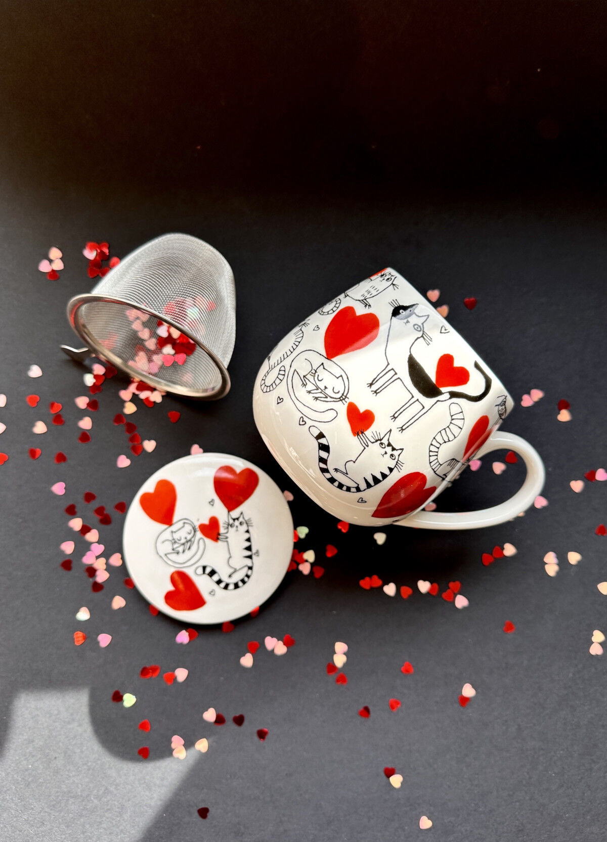DUO ANIMALS Fassbecher 430 ml CAT’S WORLD – HEARTS mit Teesieb, New Bone China Porzellan – Bild 6