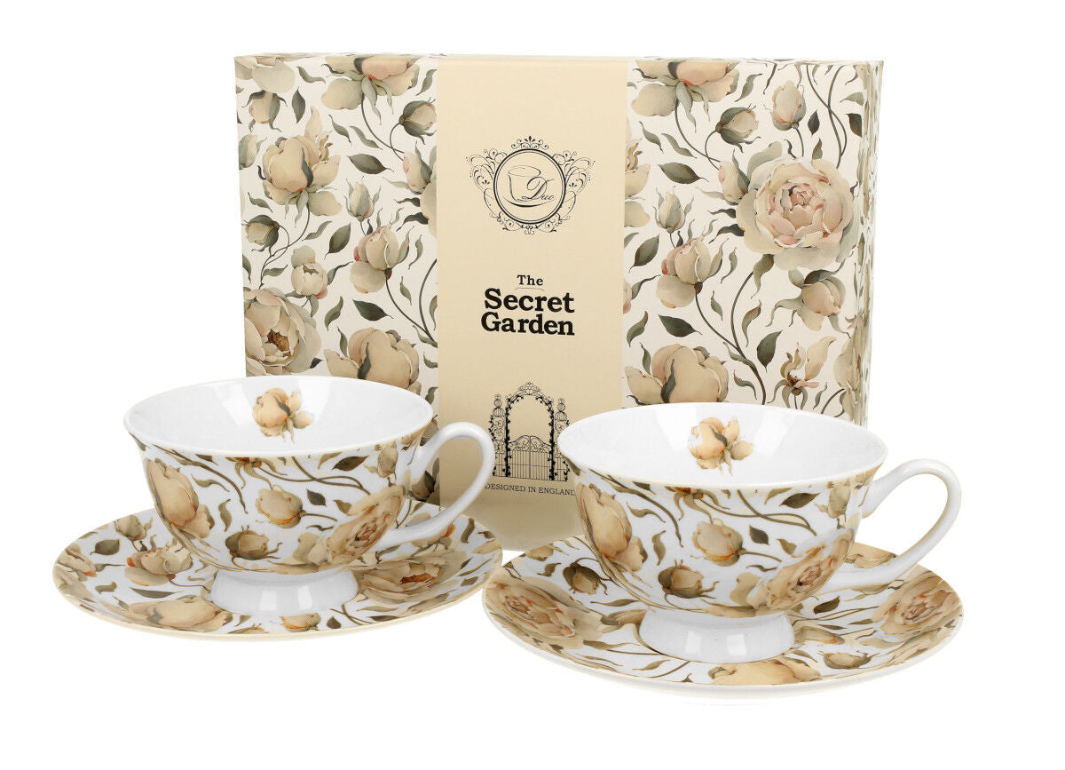 DUO FLORAL 2er-Set königliche Tassen 250 ml ENGLISH ROSES WHITE mit Untertassen, New Bone China Porzellan