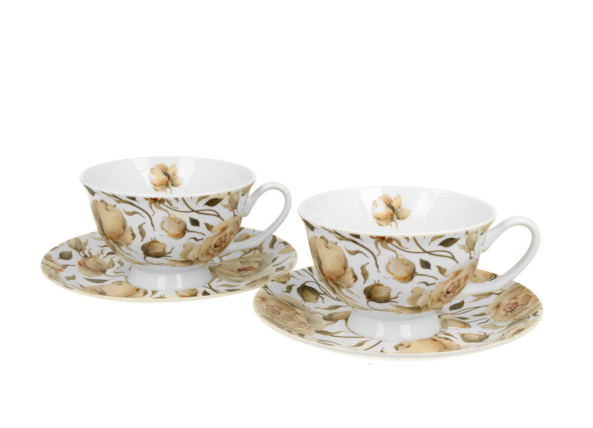 DUO FLORAL 2er-Set königliche Tassen 250 ml ENGLISH ROSES WHITE mit Untertassen, New Bone China Porzellan – Bild 2