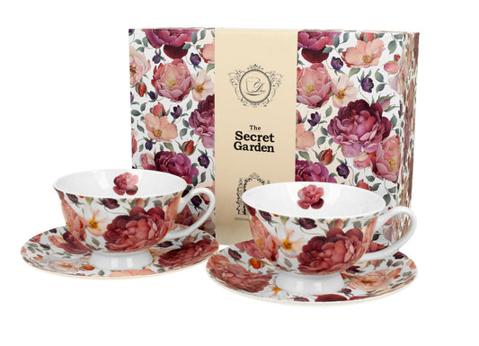 DUO FLORAL 2er-Set königliche Tassen 250 ml SPRING ROSES WHITE mit Untertassen, New Bone China Porzellan