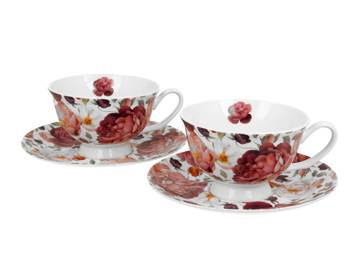 DUO FLORAL 2er-Set königliche Tassen 250 ml SPRING ROSES WHITE mit Untertassen, New Bone China Porzellan – Bild 2