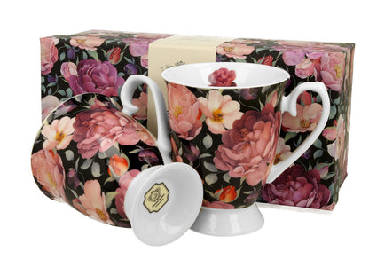 DUO FLORAL 2er-Set königliche Tassen 300 ml SPRING ROSES BLACK New Bone China Porzellan