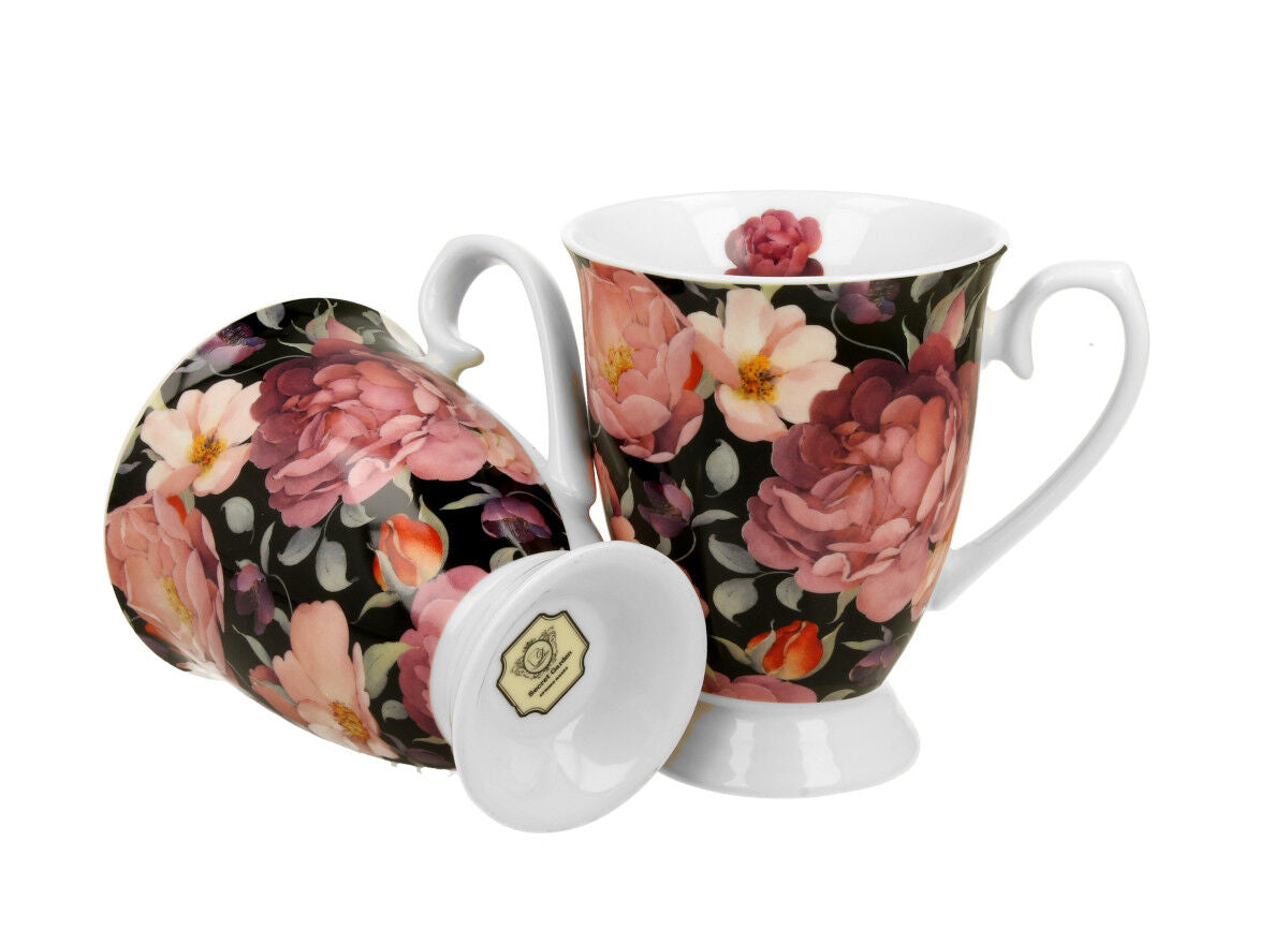 DUO FLORAL 2er-Set königliche Tassen 300 ml SPRING ROSES BLACK New Bone China Porzellan – Bild 4