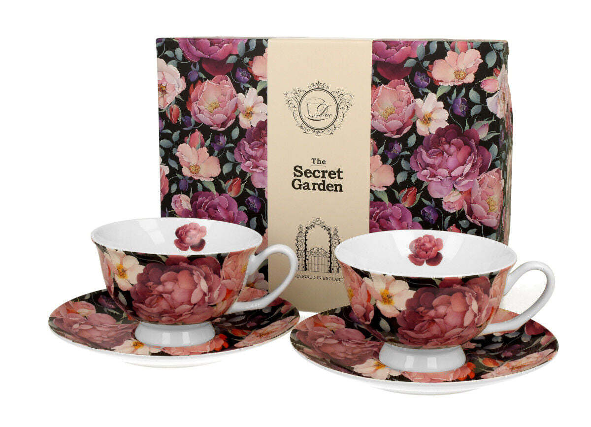 DUO FLORAL 2er-Set königliche Tassen 250 ml SPRING ROSES BLACK mit Untertassen, New Bone China Porzellan