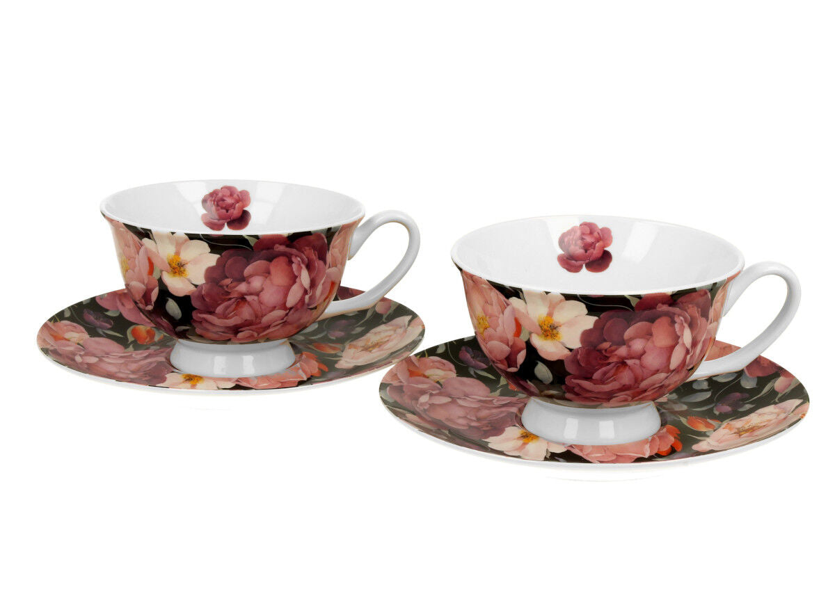 DUO FLORAL 2er-Set königliche Tassen 250 ml SPRING ROSES BLACK mit Untertassen, New Bone China Porzellan – Bild 2