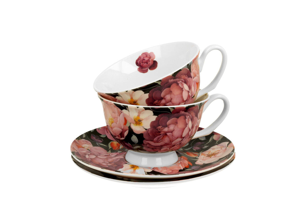 DUO FLORAL 2er-Set königliche Tassen 250 ml SPRING ROSES BLACK mit Untertassen, New Bone China Porzellan – Bild 3