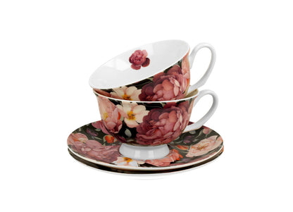 DUO FLORAL 2er-Set königliche Tassen 250 ml SPRING ROSES BLACK mit Untertassen, New Bone China Porzellan – Bild 3