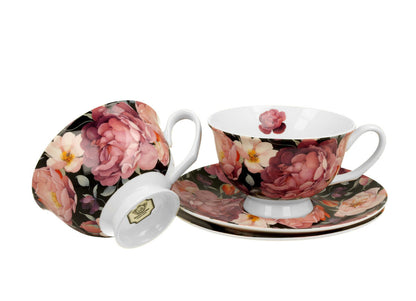 DUO FLORAL 2er-Set königliche Tassen 250 ml SPRING ROSES BLACK mit Untertassen, New Bone China Porzellan – Bild 4