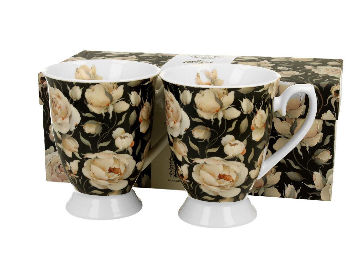 DUO FLORAL 2er-Set königliche Tassen 300 ml ENGLISH ROSES BLACK New Bone China Porzellan