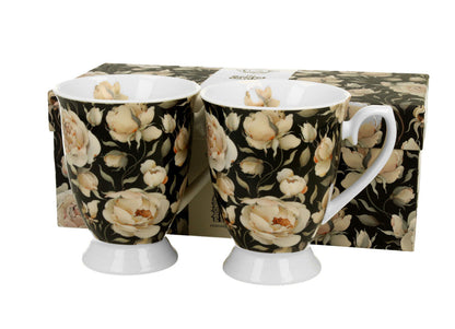 DUO FLORAL 2er-Set königliche Tassen 300 ml ENGLISH ROSES BLACK New Bone China Porzellan