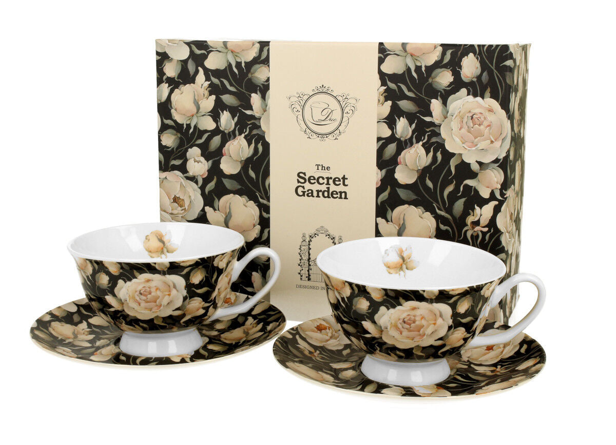 DUO FLORAL 2er-Set königliche Tassen 250 ml ENGLISH ROSES BLACK mit Untertassen, New Bone China Porzellan
