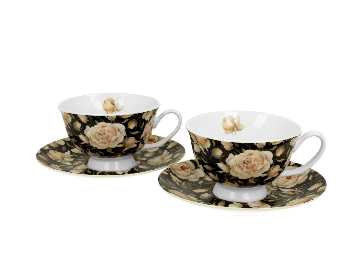 DUO FLORAL 2er-Set königliche Tassen 250 ml ENGLISH ROSES BLACK mit Untertassen, New Bone China Porzellan – Bild 2
