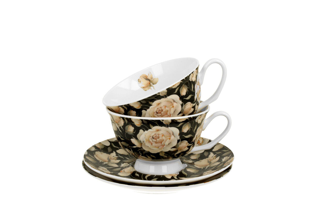 DUO FLORAL 2er-Set königliche Tassen 250 ml ENGLISH ROSES BLACK mit Untertassen, New Bone China Porzellan – Bild 3