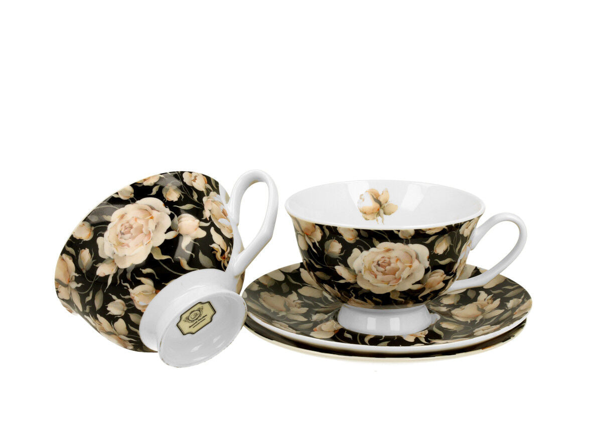 DUO FLORAL 2er-Set königliche Tassen 250 ml ENGLISH ROSES BLACK mit Untertassen, New Bone China Porzellan – Bild 4