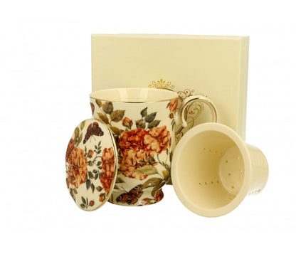 DUO ECRU Becher 450 ml HERBAL ROSES mit Teesieb, New Bone China Porzellan