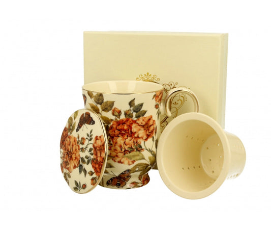 DUO ECRU Becher 450 ml HERBAL ROSES mit Teesieb, New Bone China Porzellan