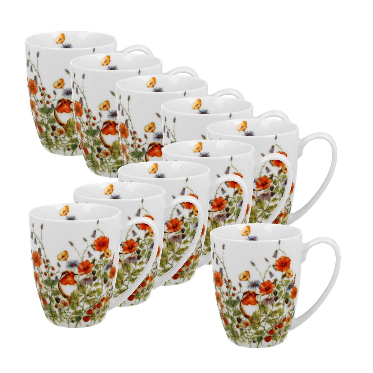 10er SET DUO FLORAL Klassischer Becher 350 ml WILD BIRD New Bone China Porzellan