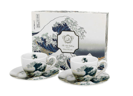 DUO ART GALLERY 2er-Set Espressotassen 90 ml GREAT WAVE mit Untertassen, New Bone China Porzellan
