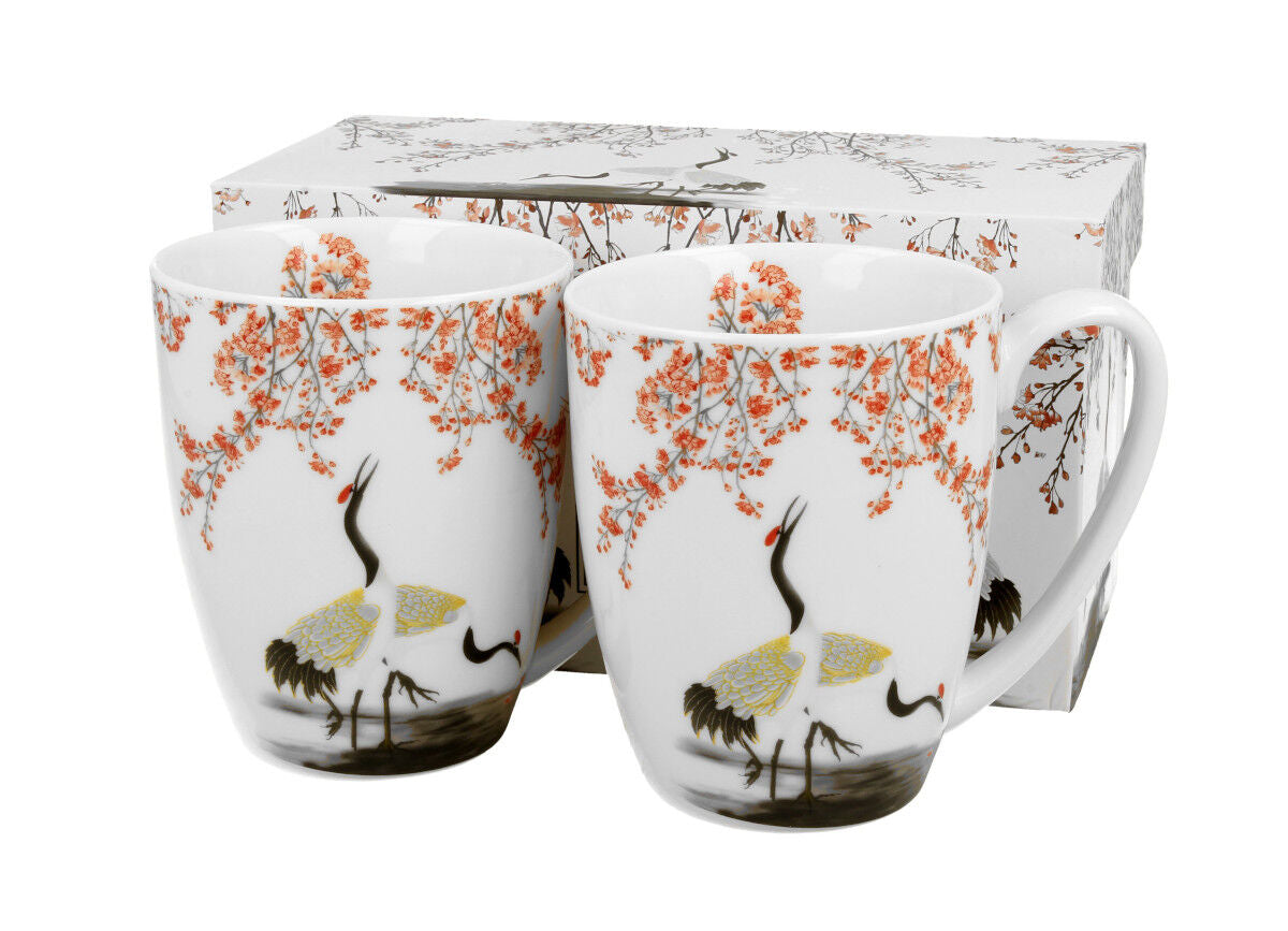 DUO ART GALLERY 2er-Set klassische Becher 350 ml SAKURA & CRANES New Bone China Porzellan