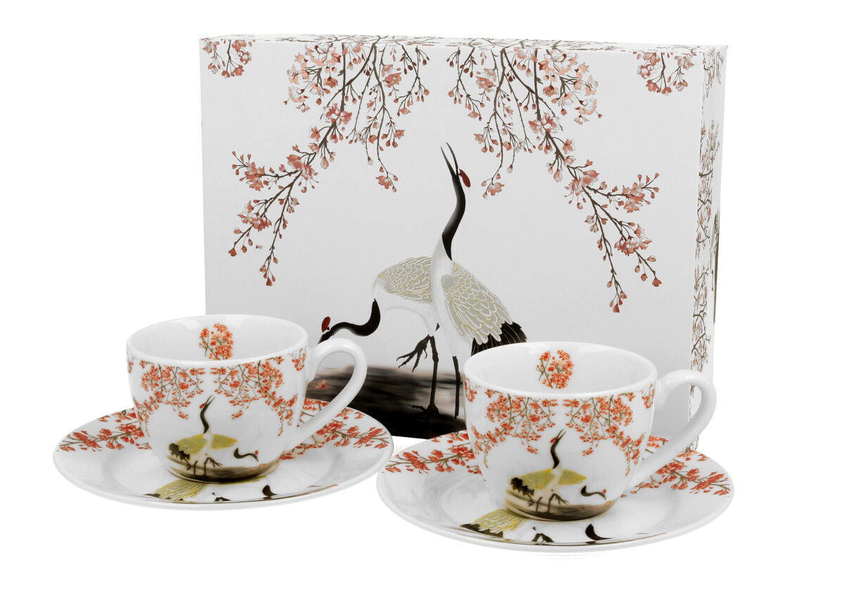 DUO ART GALLERY 2er-Set Espressotassen 90 ml SAKURA & CRANES mit Untertassen, New Bone China Porzellan