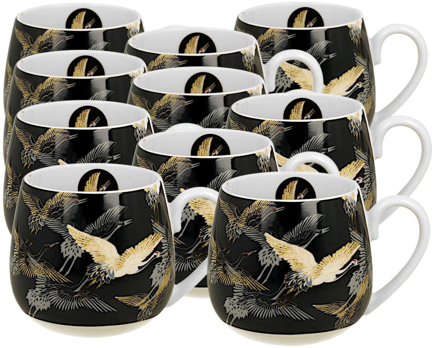 10er SET DUO ART GALLERY Fassbecher 430 ml CRANES AT NIGHT New Bone China Porzellan