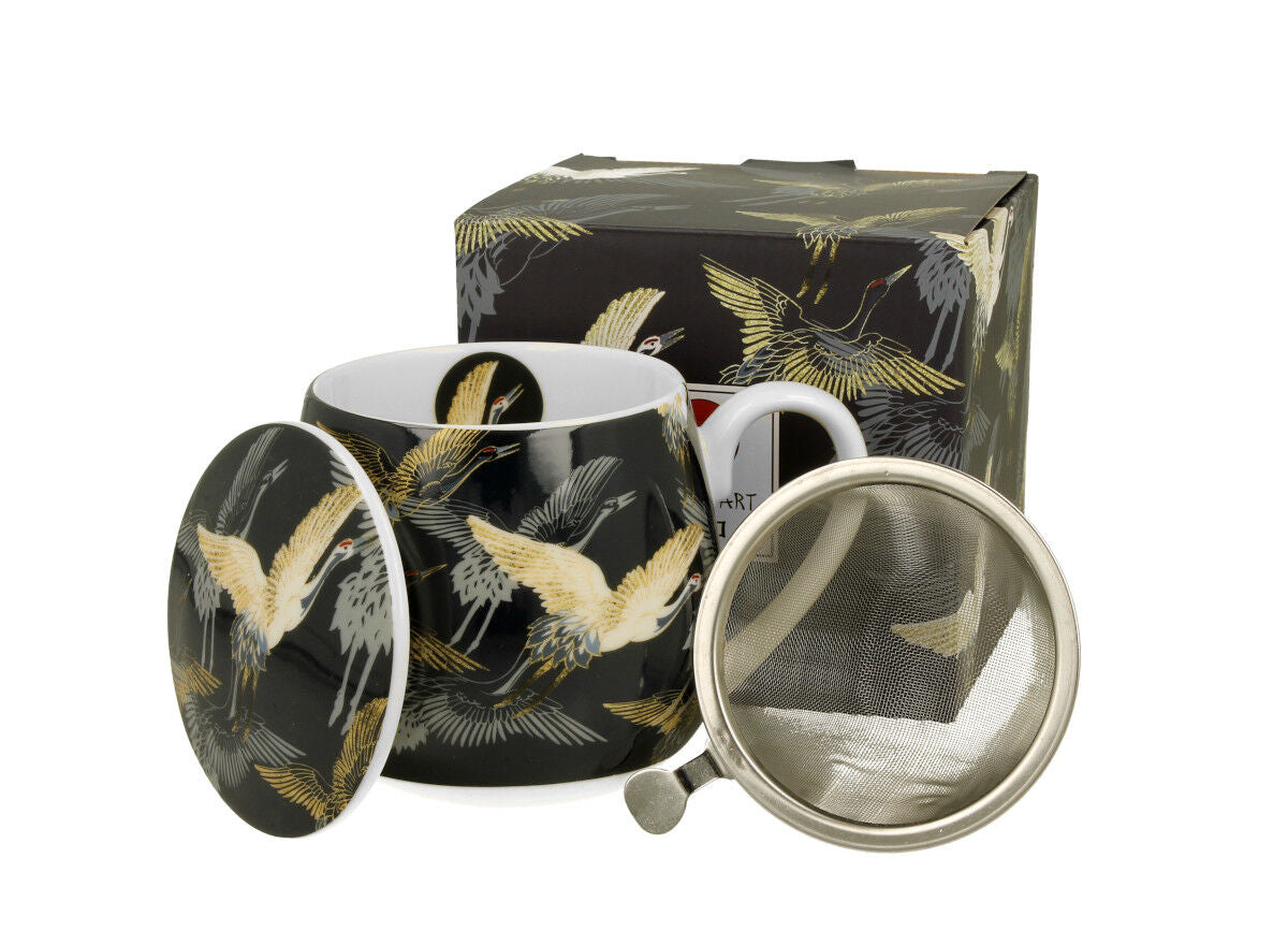 DUO ART GALLERY Fassbecher 430 ml CRANES AT NIGHT mit Teesieb, New Bone China Porzellan
