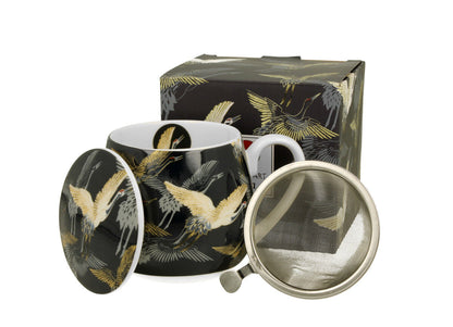 DUO ART GALLERY Fassbecher 430 ml CRANES AT NIGHT mit Teesieb, New Bone China Porzellan