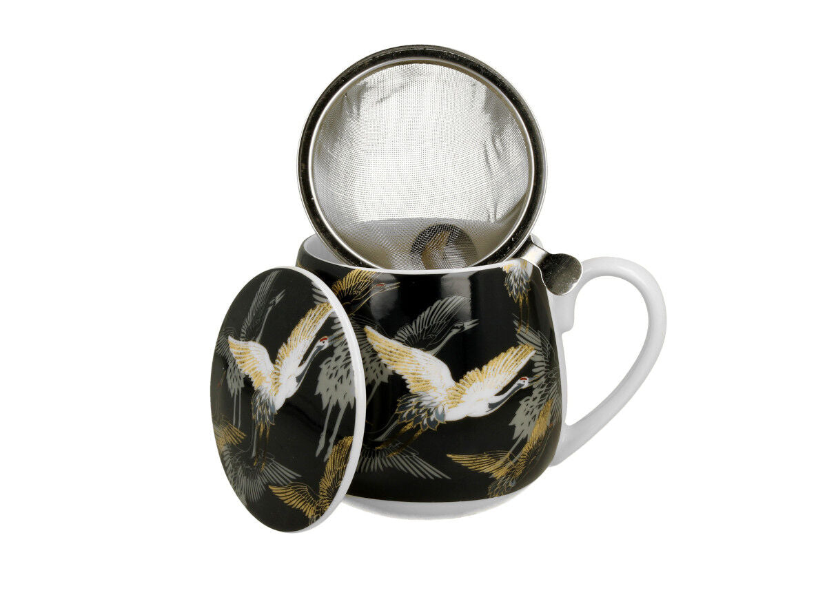 DUO ART GALLERY Fassbecher 430 ml CRANES AT NIGHT mit Teesieb, New Bone China Porzellan – Bild 3