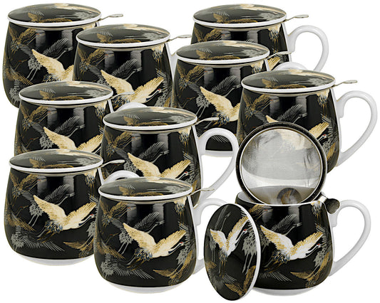 10er SET DUO ART GALLERY Fassbecher 430 ml CRANES AT NIGHT mit Teesieb, New Bone China Porzellan