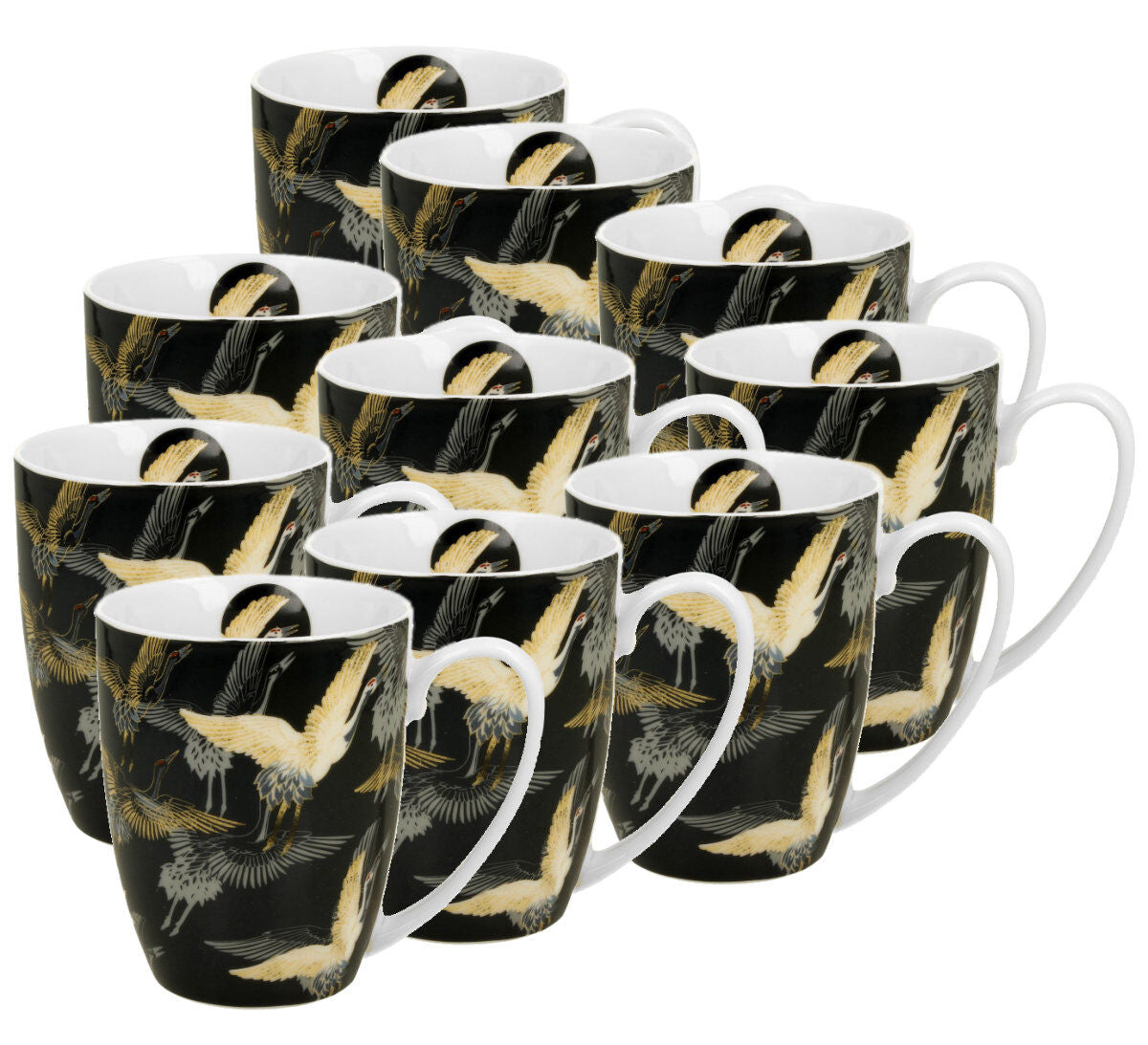 10er SET DUO ART GALLERY Klassischer Becher 350 ml CRANES AT NIGHT New Bone China Porzellan