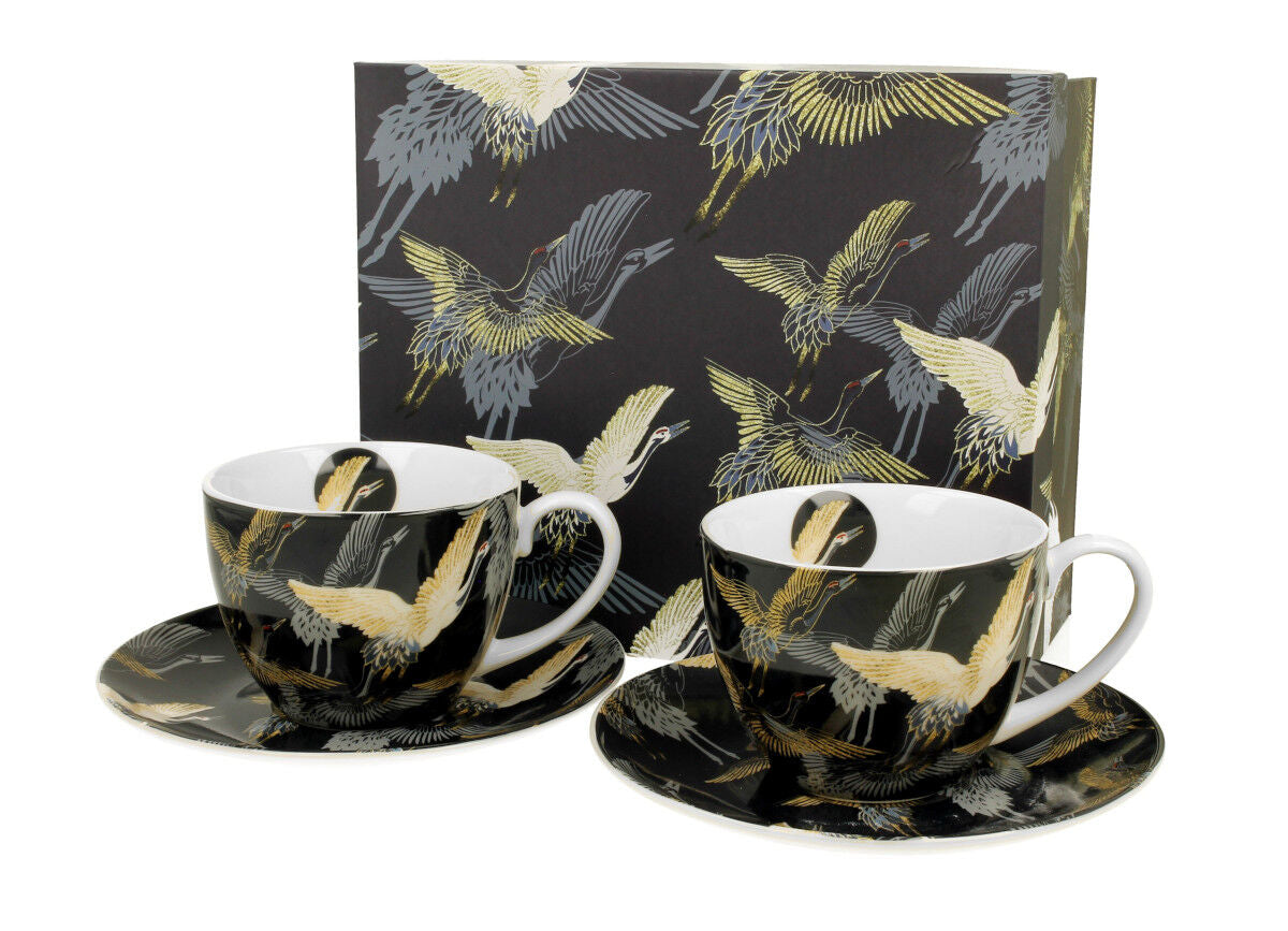 DUO ART GALLERY 2er-Set Tassen 280 ml CRANES AT NIGHT mit Untertassen, New Bone China Porzellan