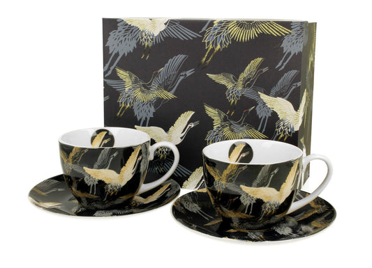DUO ART GALLERY 2er-Set Tassen 280 ml CRANES AT NIGHT mit Untertassen, New Bone China Porzellan