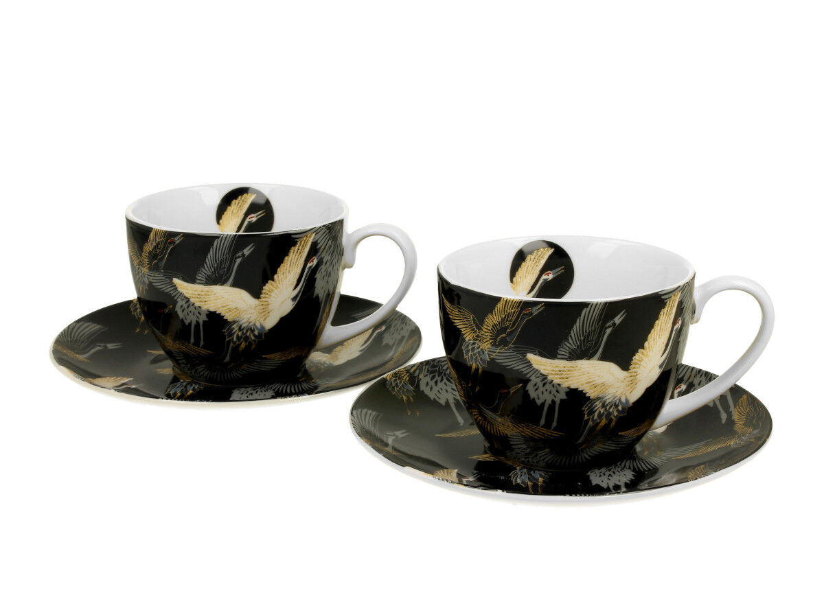 DUO ART GALLERY 2er-Set Tassen 280 ml CRANES AT NIGHT mit Untertassen, New Bone China Porzellan – Bild 2
