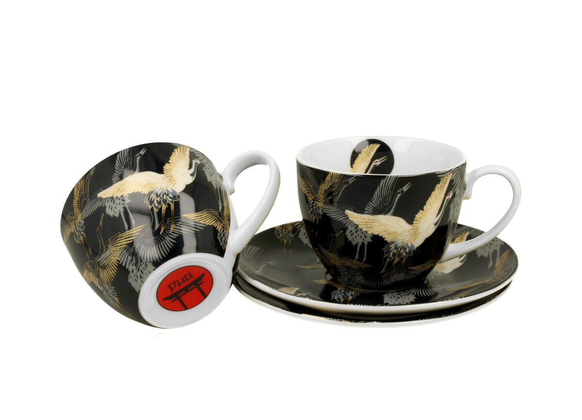 DUO ART GALLERY 2er-Set Tassen 280 ml CRANES AT NIGHT mit Untertassen, New Bone China Porzellan – Bild 3
