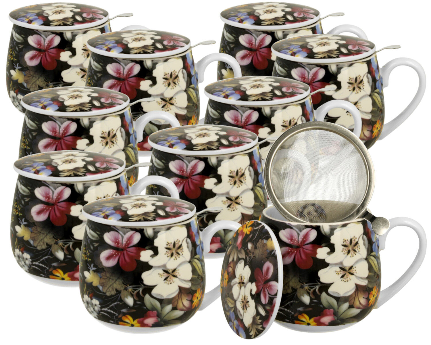 10er SET DUO ART GALLERY Fassbecher 430 ml BLACK mit Teesieb, New Bone China Porzellan