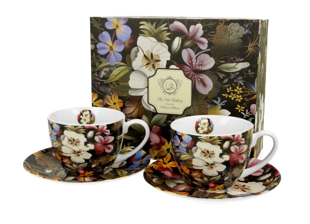 DUO ART GALLERY 2er-Set Tassen 280 ml BLACK mit Untertassen, New Bone China Porzellan