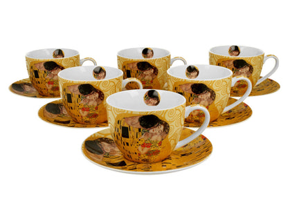 DUO ART GALLERY 6er-Set Tassen 220 ml THE KISS ECRU mit Untertassen, New Bone China Porzellan