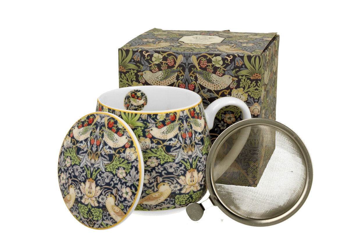 DUO ART GALLERY Fassbecher 430 ml STRAWBERRY THIEF BLUE mit Teesieb, New Bone China Porzellan