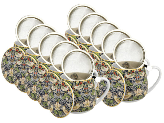 10er SET DUO ART GALLERY Fassbecher 430 ml STRAWBERRY THIEF BLUE mit Teesieb, New Bone China Porzellan