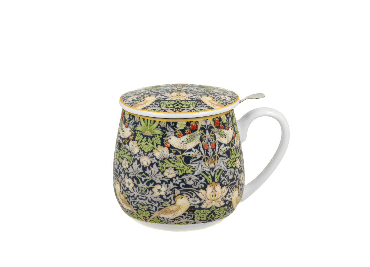DUO ART GALLERY Fassbecher 430 ml STRAWBERRY THIEF BLUE mit Teesieb, New Bone China Porzellan – Bild 2