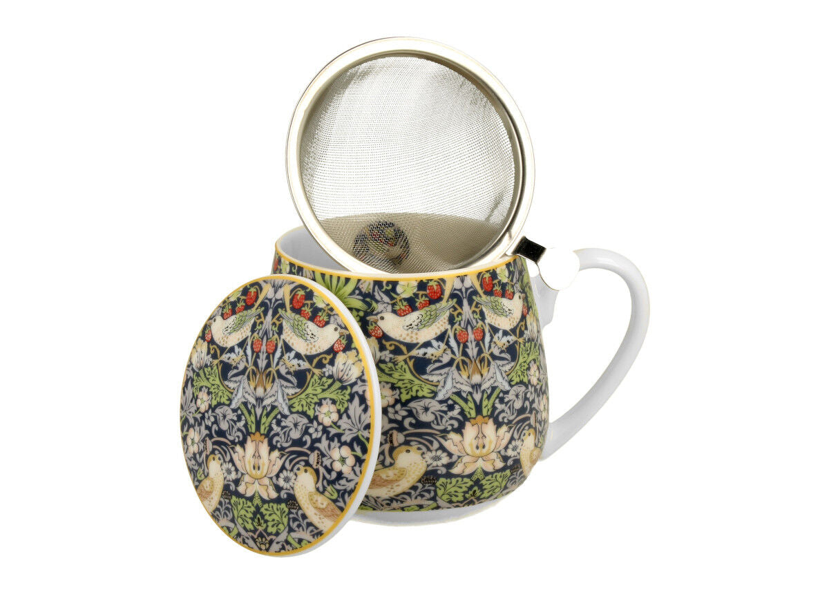 DUO ART GALLERY Fassbecher 430 ml STRAWBERRY THIEF BLUE mit Teesieb, New Bone China Porzellan – Bild 3