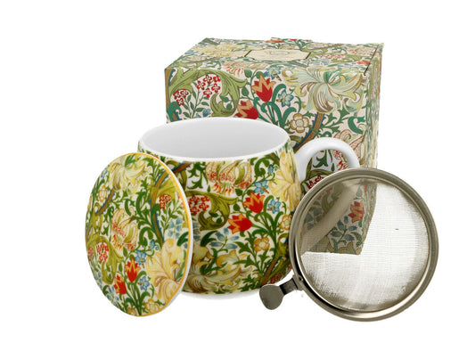 DUO ART GALLERY Fassbecher 430 ml GOLDEN LILLY mit Teesieb, New Bone China Porzellan