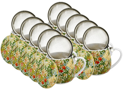 10er SET DUO ART GALLERY Fassbecher 430 ml GOLDEN LILLY mit Teesieb, New Bone China Porzellan