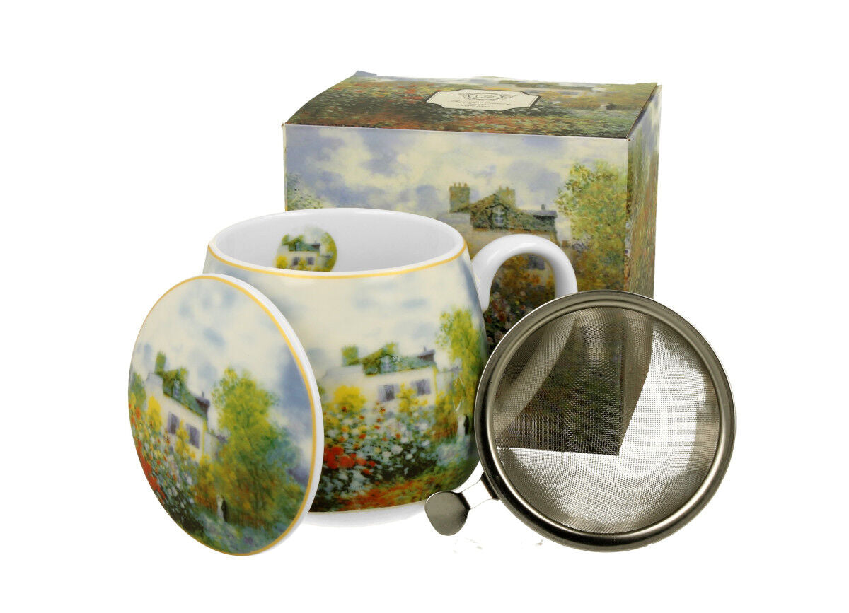 DUO ART GALLERY Fassbecher 430 ml THE GARDEN AT ARGENTEUIL mit Teesieb, New Bone China Porzellan