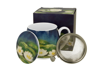DUO ART GALLERY Fassbecher 430 ml NENUFARS mit Teesieb, New Bone China Porzellan
