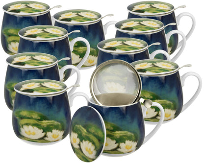 10er SET DUO ART GALLERY Fassbecher 430 ml NENUFARS mit Teesieb, New Bone China Porzellan