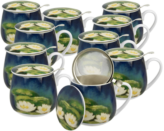 10er SET DUO ART GALLERY Fassbecher 430 ml NENUFARS mit Teesieb, New Bone China Porzellan